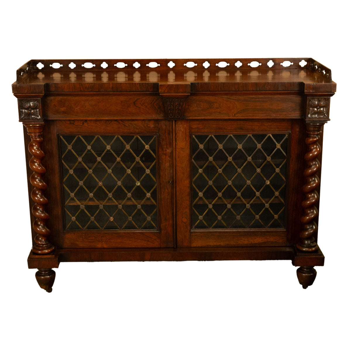 Antique Scottish Regency Rosewood Credenza Bookcase Barley Twist Columns & Brass Grilles 1835