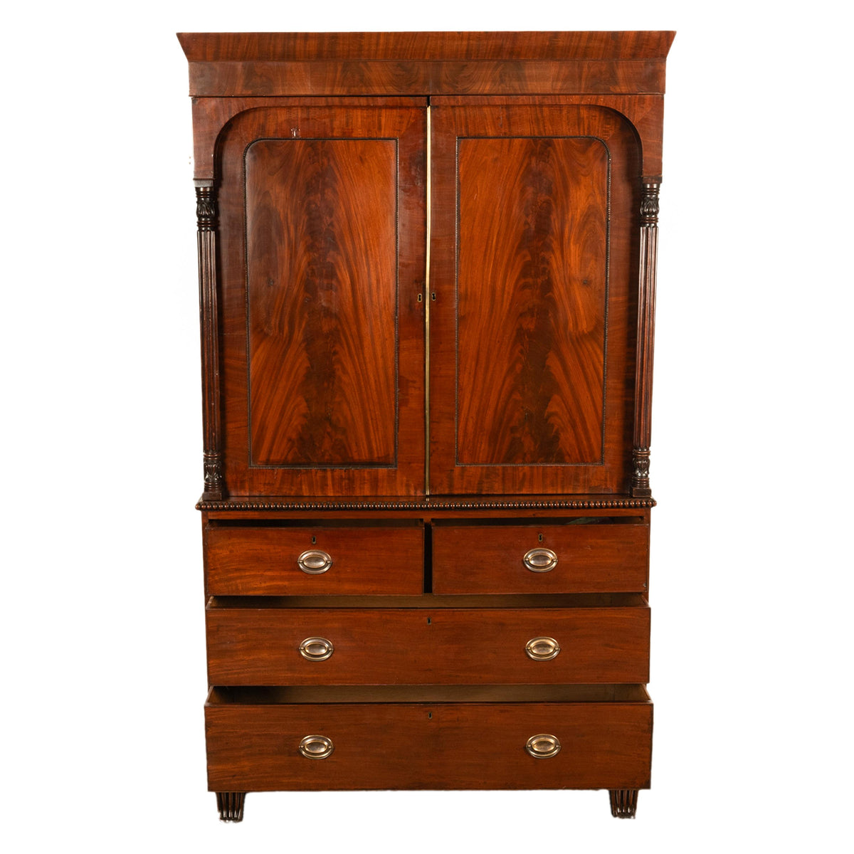 Antique 19thC Flame Mahogany Georgian Regency English Linen Press Chest 1800