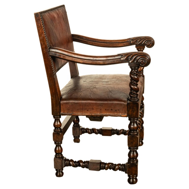 Antique Italian Baroque Leather & Barley Twist Carved Mahogany Arm Chair 1820