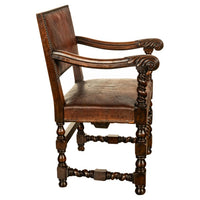 Antique Italian Baroque Leather & Barley Twist Carved Mahogany Arm Chair 1820