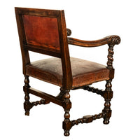 Antique Italian Baroque Leather & Barley Twist Carved Mahogany Arm Chair 1820