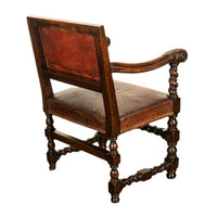 Antique Italian Baroque Leather & Barley Twist Carved Mahogany Arm Chair 1820