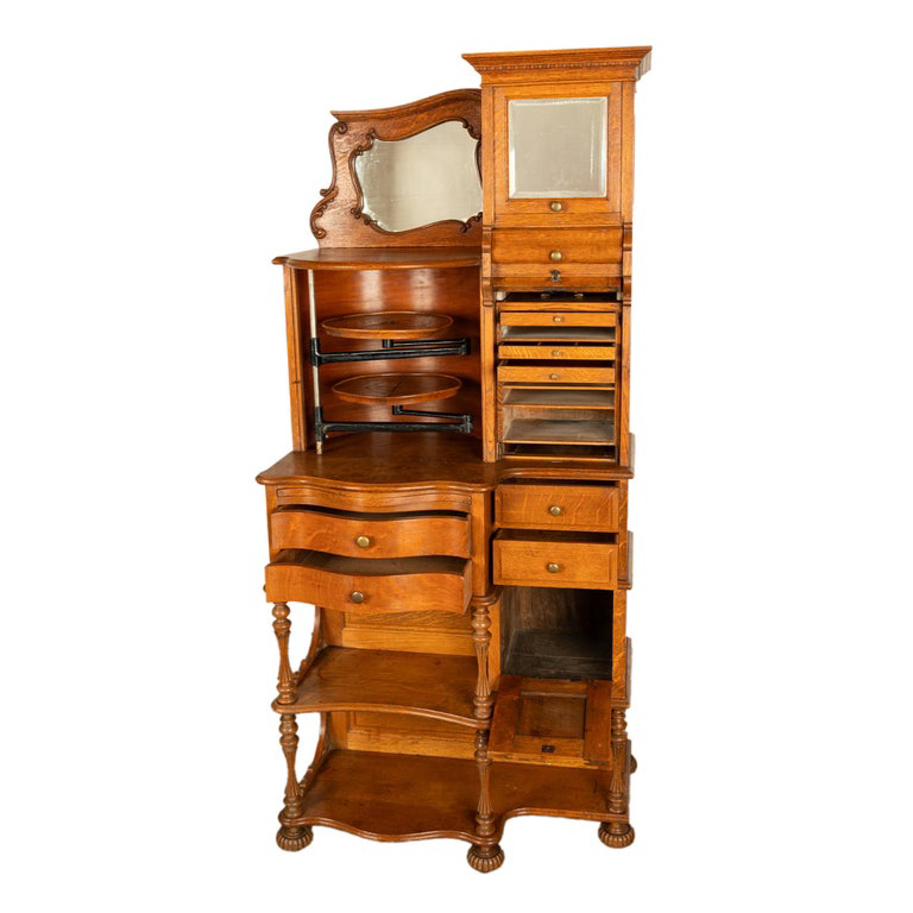 Antique American Ransom & Randolph # 65 Carved Oak Dental Cabinet