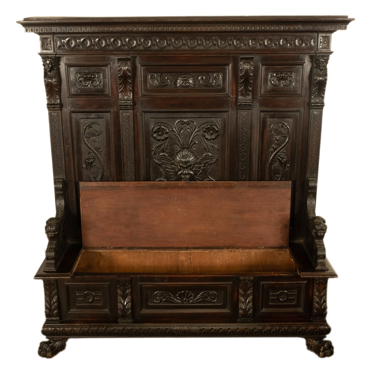 Antique 19th Century Italian Renaissance Revival Carved Hall Bench Storage Settle 1880