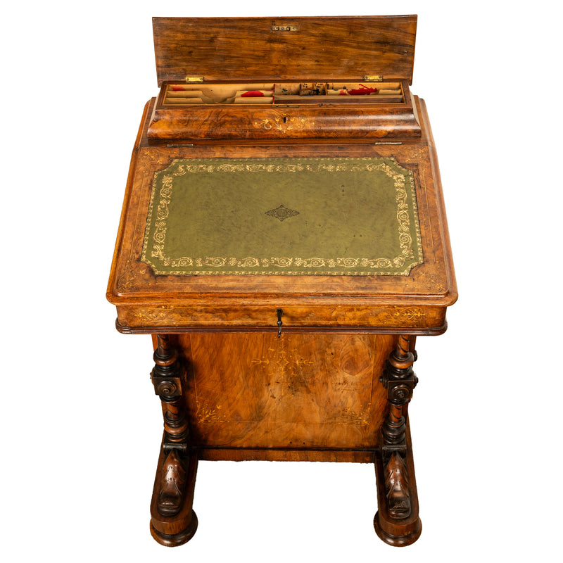 Antique Victorian Burl Walnut Inlaid Marquetry Carved Davenport Desk 1860