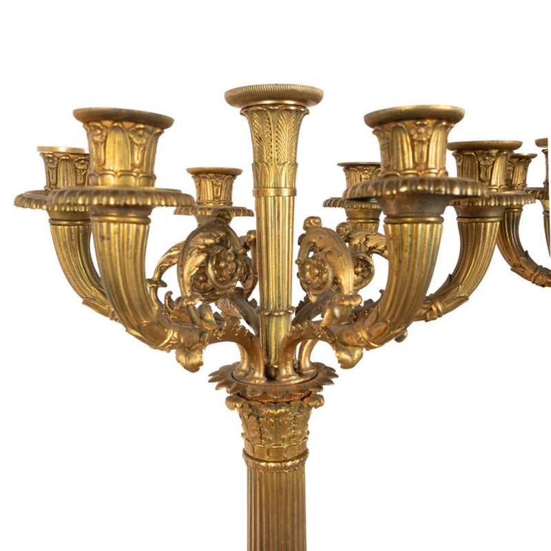 Pair Large Antique French Restoration Gilt Bronze Ormolu Marble Candelabra 1815