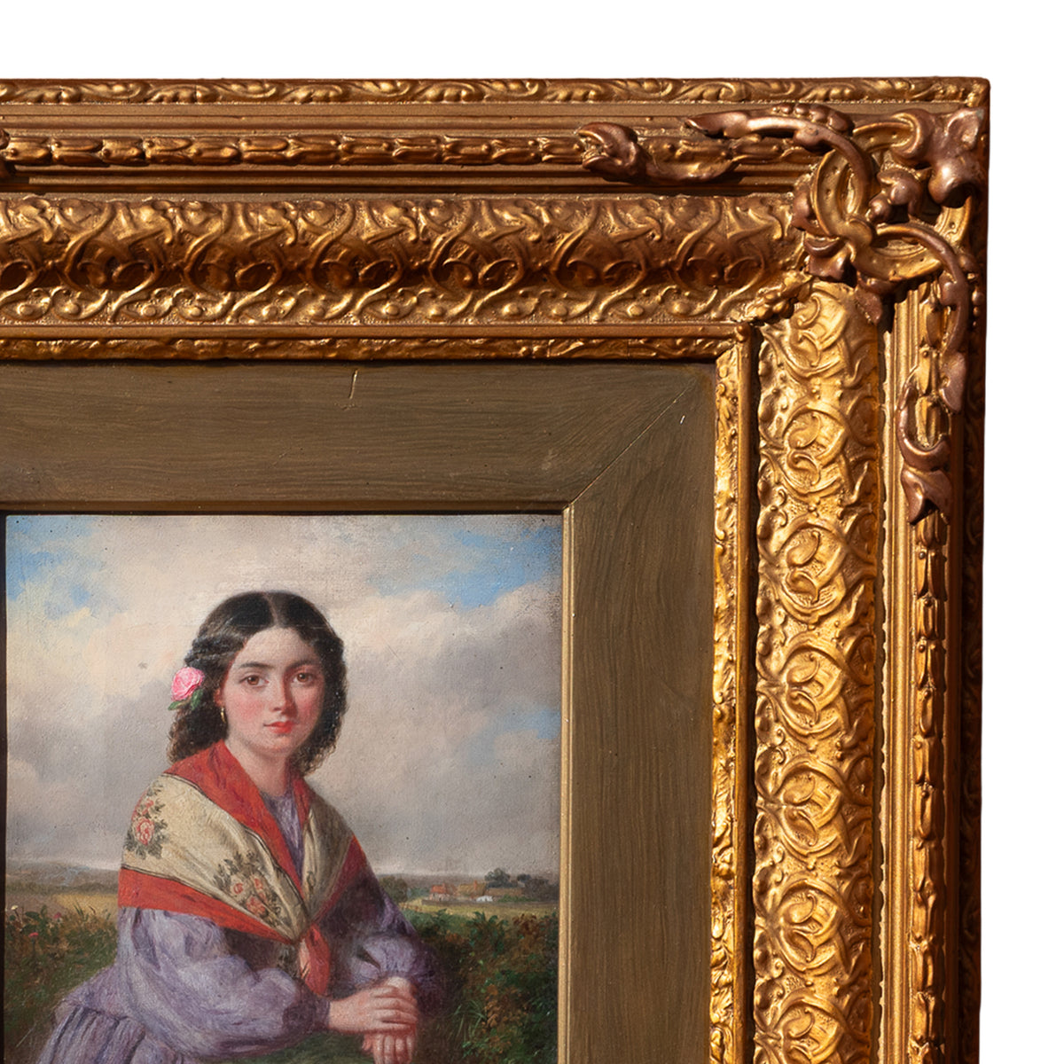 Antique 19th Century Realism Landscape Portrait Oil Painting of a Beautiful Young Woman by Haynes King, 1860