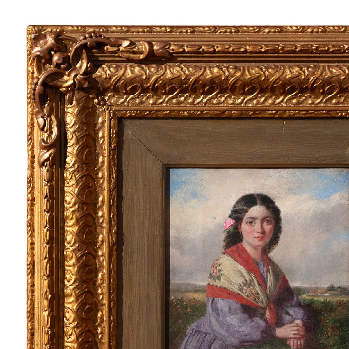 Antique 19th Century Realism Landscape Portrait Oil Painting of a Beautiful Young Woman by Haynes King, 1860