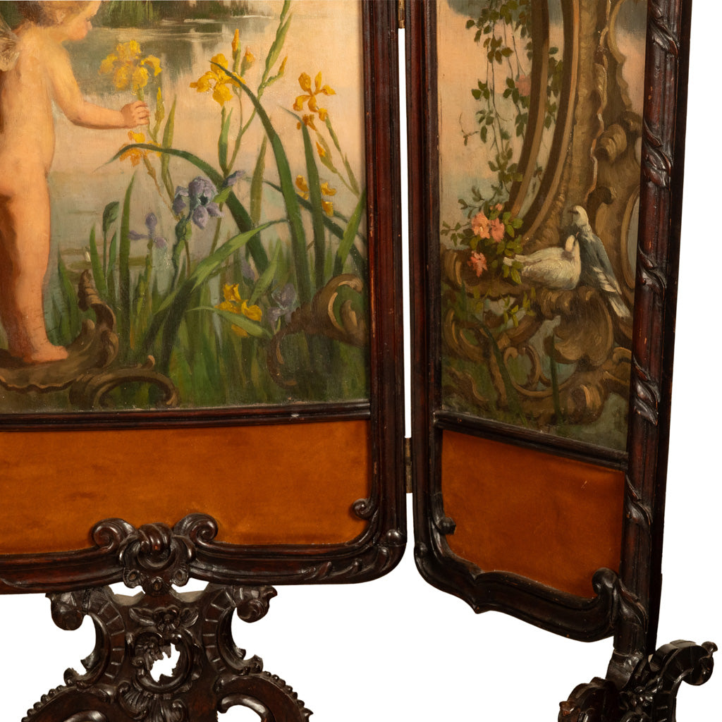 Antique French Rococo Oil Canvas Walnut Painting Landscape Cherubs Screen 1870