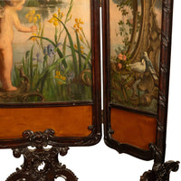 Antique French Rococo Oil Canvas Walnut Painting Landscape Cherubs Screen 1870