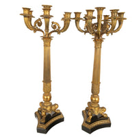 Pair Large Antique French Restoration Gilt Bronze Ormolu Marble Candelabra 1815