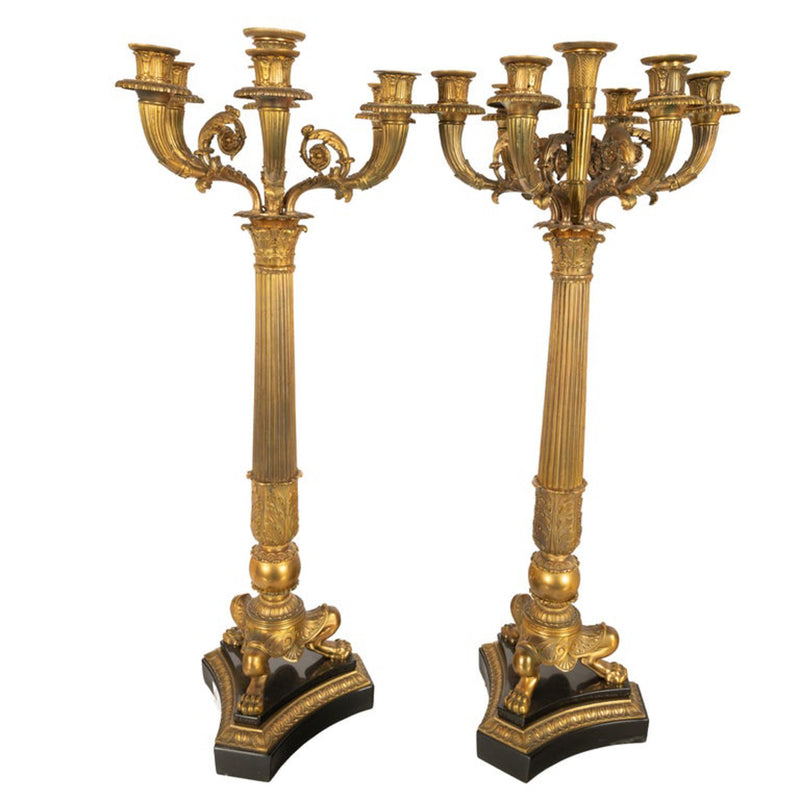 Pair Large Antique French Restoration Gilt Bronze Ormolu Marble Candelabra 1815