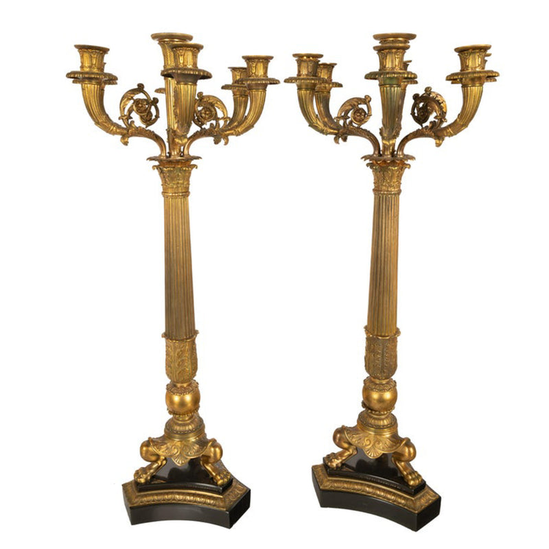 Pair Large Antique French Restoration Gilt Bronze Ormolu Marble Candelabra 1815