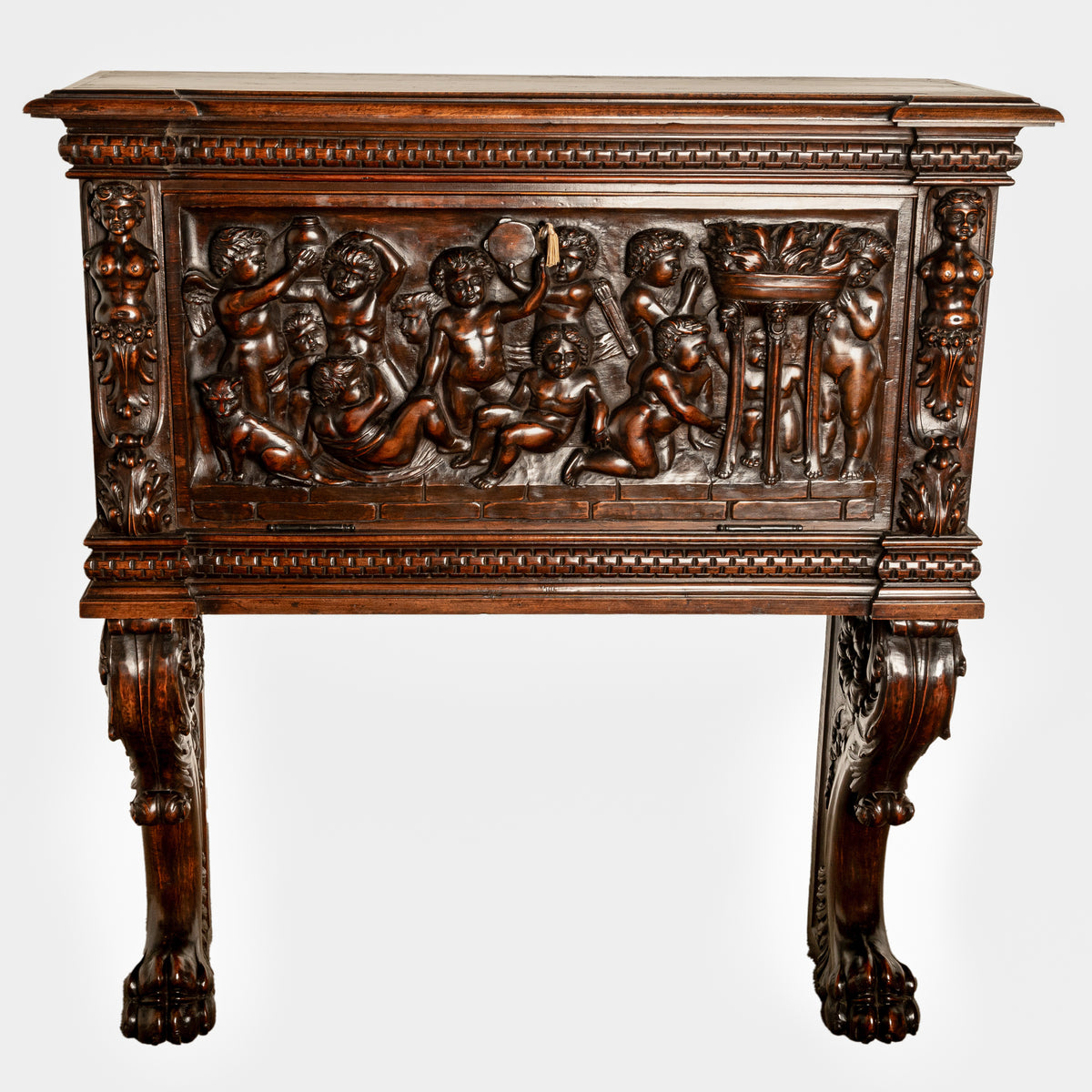 Antique Italian Renaissance Revival Carved Walnut Liquor Wine Cabinet Chest on Stand Cherubs 1880