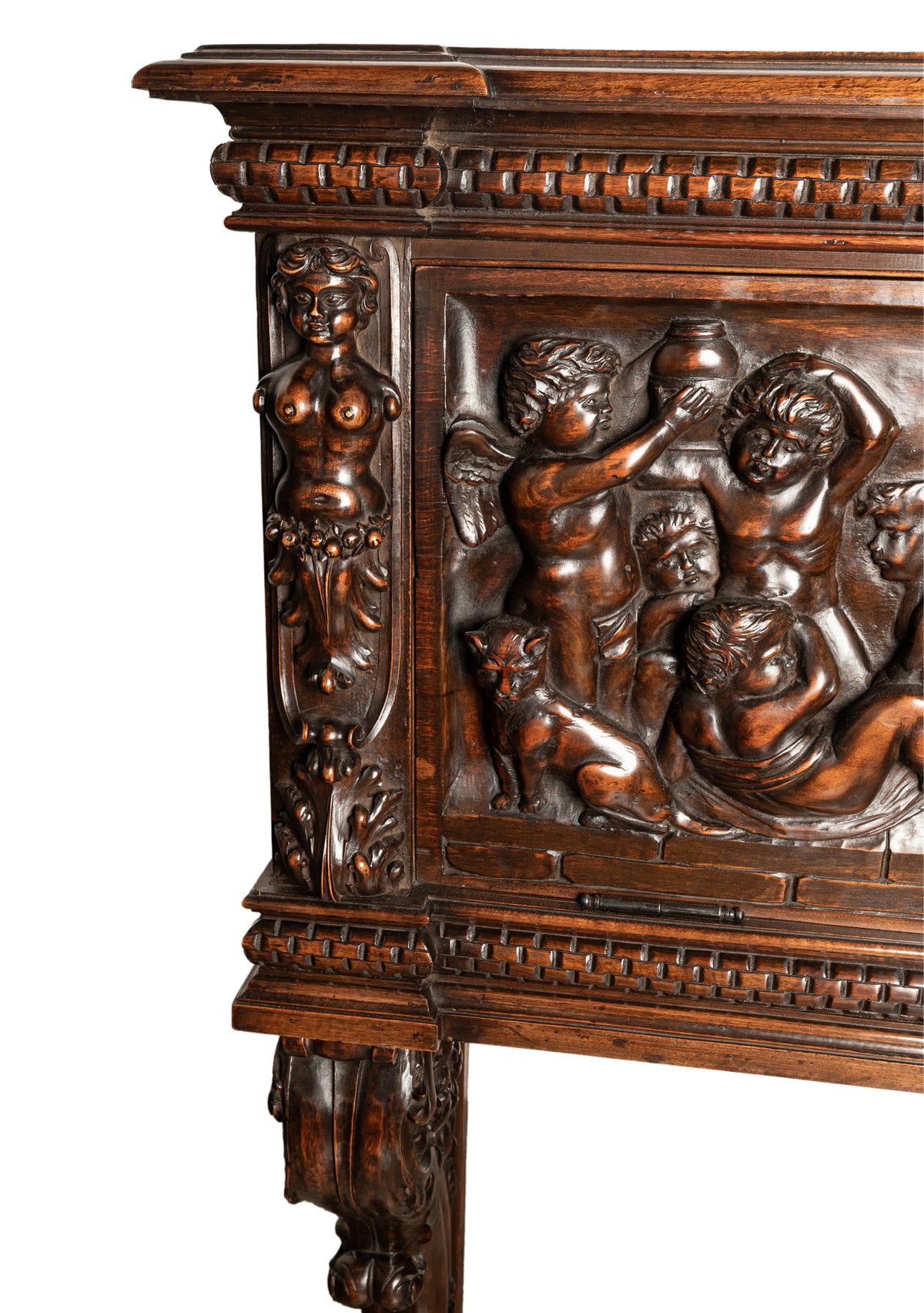 Antique Italian Renaissance Revival Carved Walnut Liquor Wine Cabinet Chest on Stand Cherubs 1880