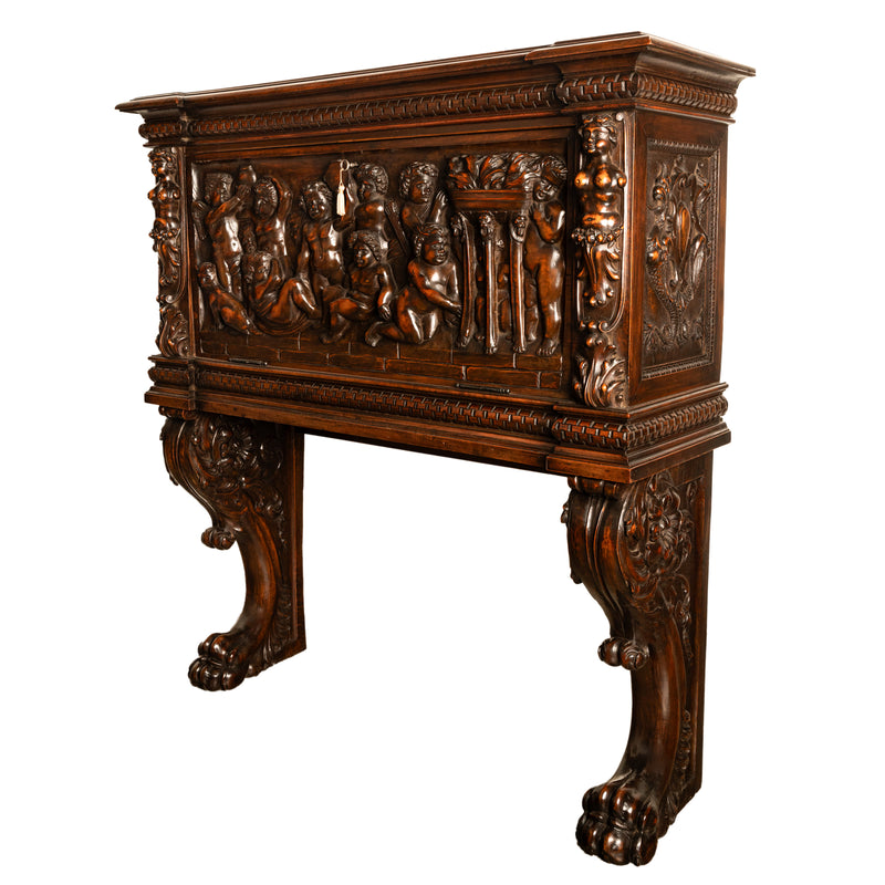 Antique Italian Renaissance Revival Carved Walnut Liquor Wine Cabinet Chest on Stand Cherubs 1880