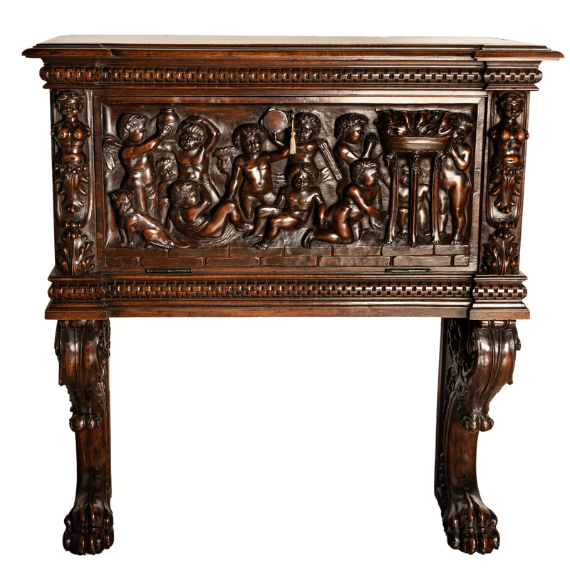 Antique Italian Renaissance Revival Carved Walnut Liquor Wine Cabinet Chest on Stand Cherubs 1880