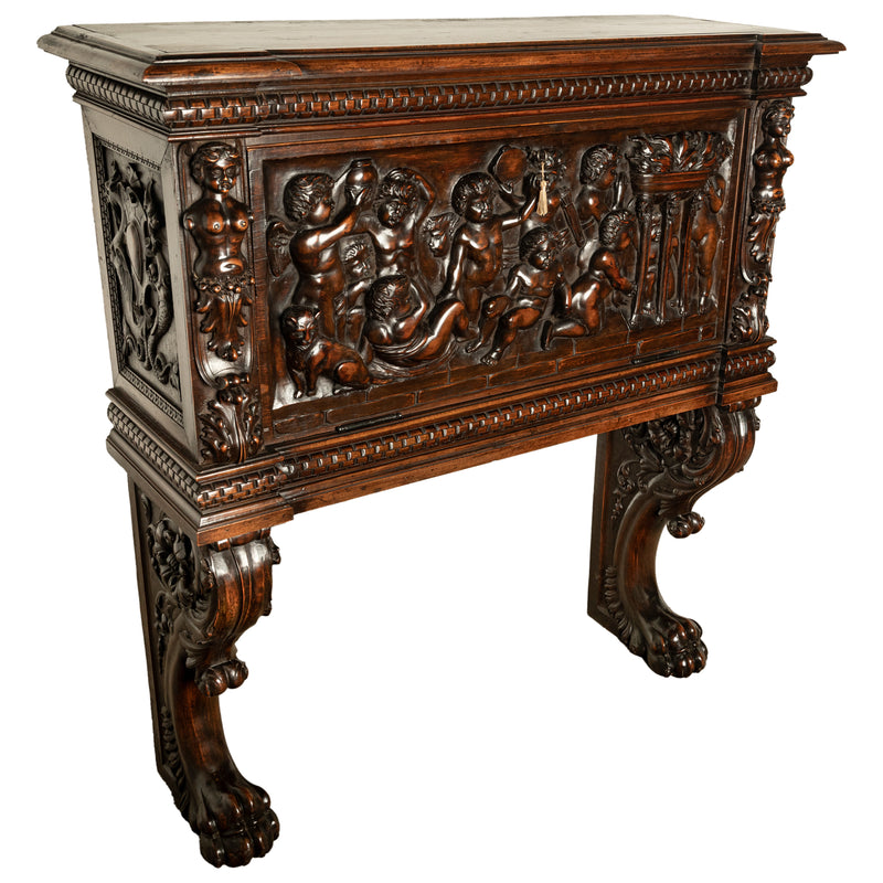 Antique Italian Renaissance Revival Carved Walnut Liquor Wine Cabinet Chest on Stand Cherubs 1880