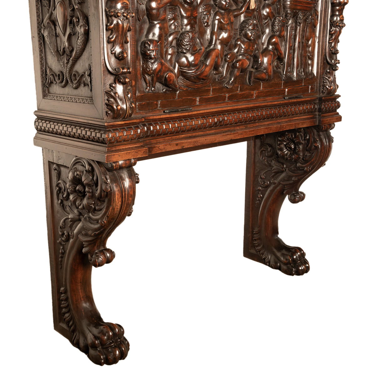 Antique Italian Renaissance Revival Carved Walnut Liquor Wine Cabinet Chest on Stand Cherubs 1880