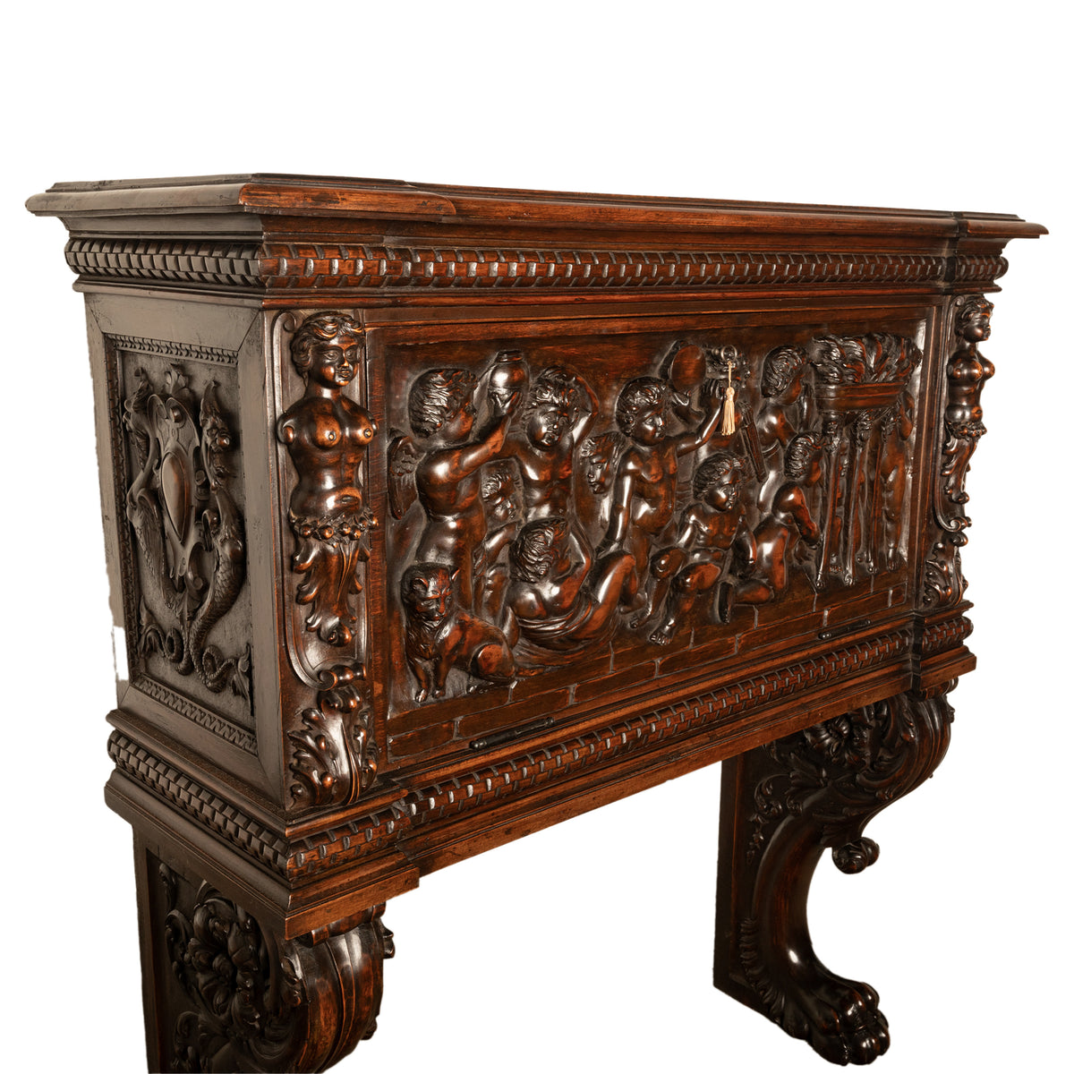 Antique Italian Renaissance Revival Carved Walnut Liquor Wine Cabinet Chest on Stand Cherubs 1880