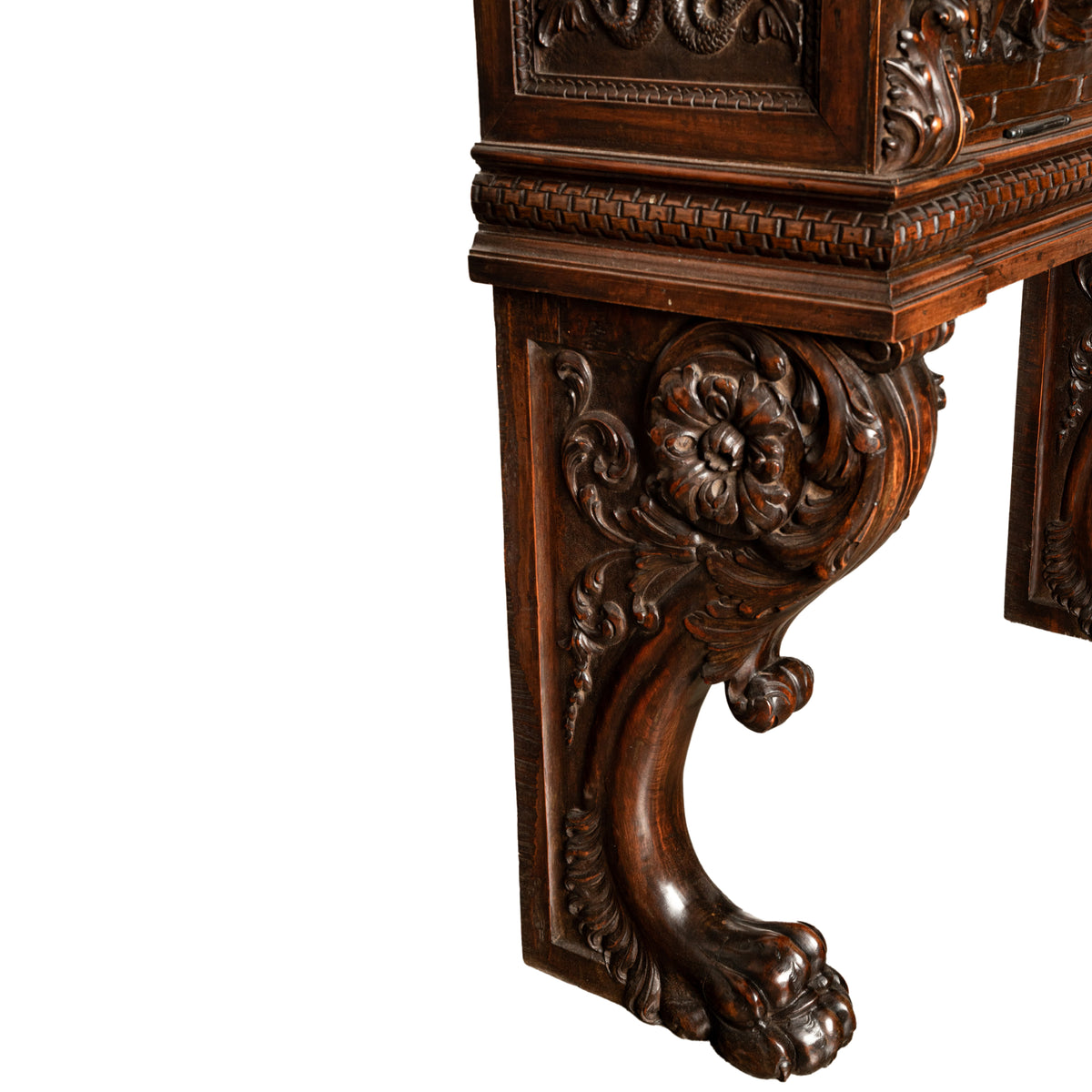 Antique Italian Renaissance Revival Carved Walnut Liquor Wine Cabinet Chest on Stand Cherubs 1880