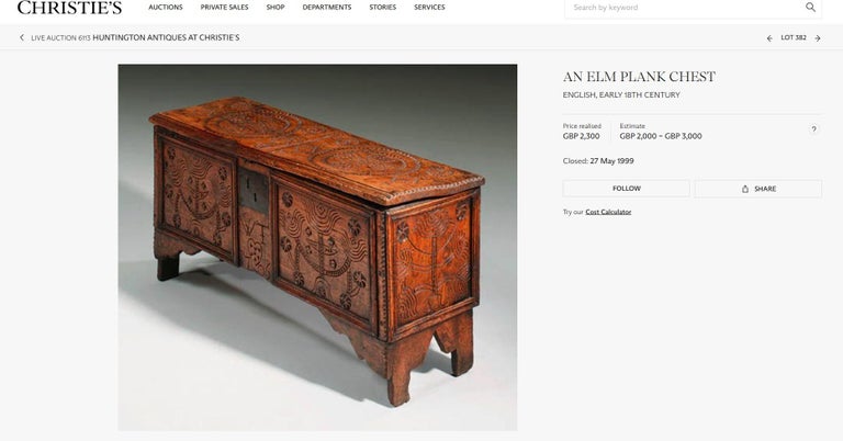 Rare Antique Queen Anne Carved Elm Childs Coffer Chest Dated 1706 Ex Christie's London