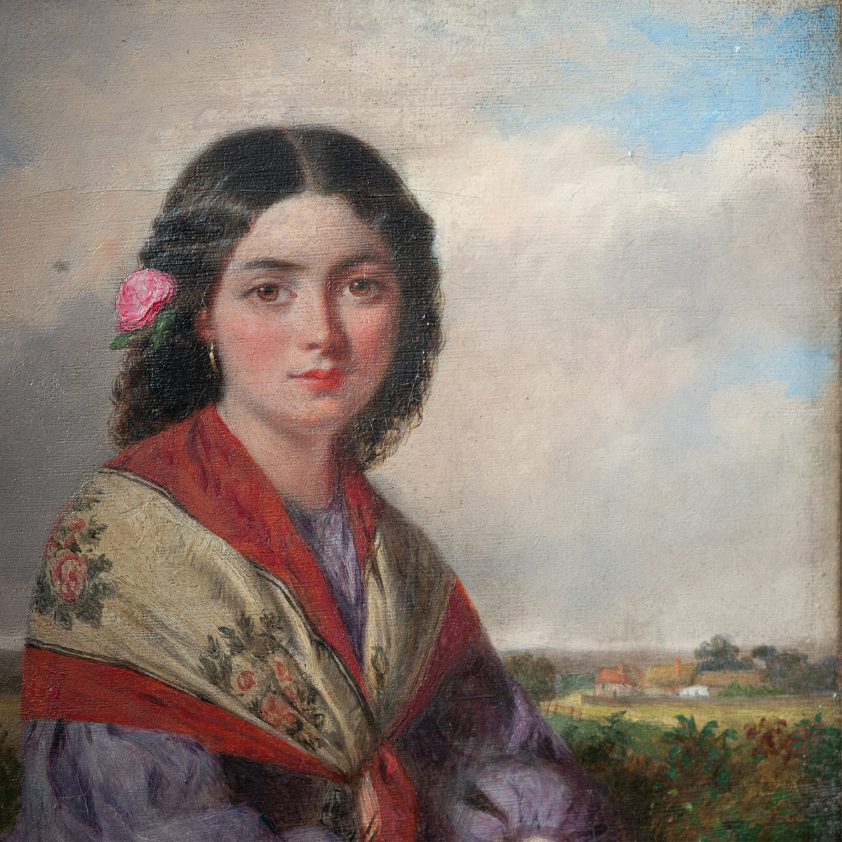 Antique 19th Century Realism Landscape Portrait Oil Painting of a Beautiful Young Woman by Haynes King, 1860