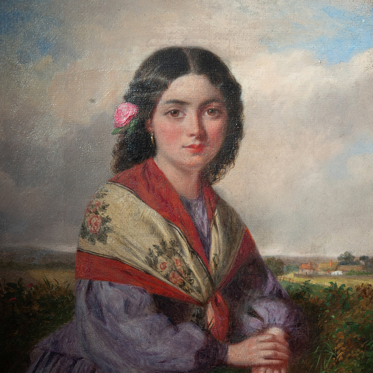 Antique 19th Century Realism Landscape Portrait Oil Painting of a Beautiful Young Woman by Haynes King, 1860