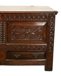 Antique English 17th Century King Charles II Carved Oak Coffer Mule Chest 1680