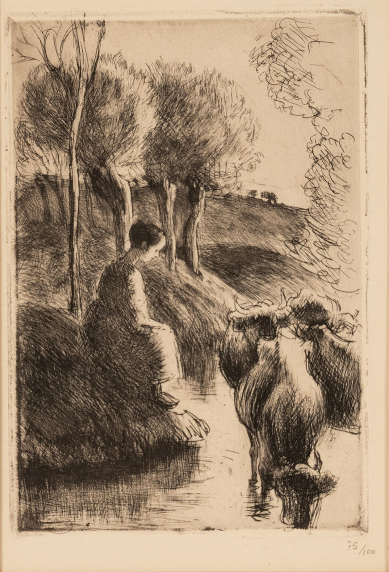 Antique Etching Aquatint "Vachère au Bord de L'Eau" Edition # 75 of Edition 100  by Camille Pissarro 1890