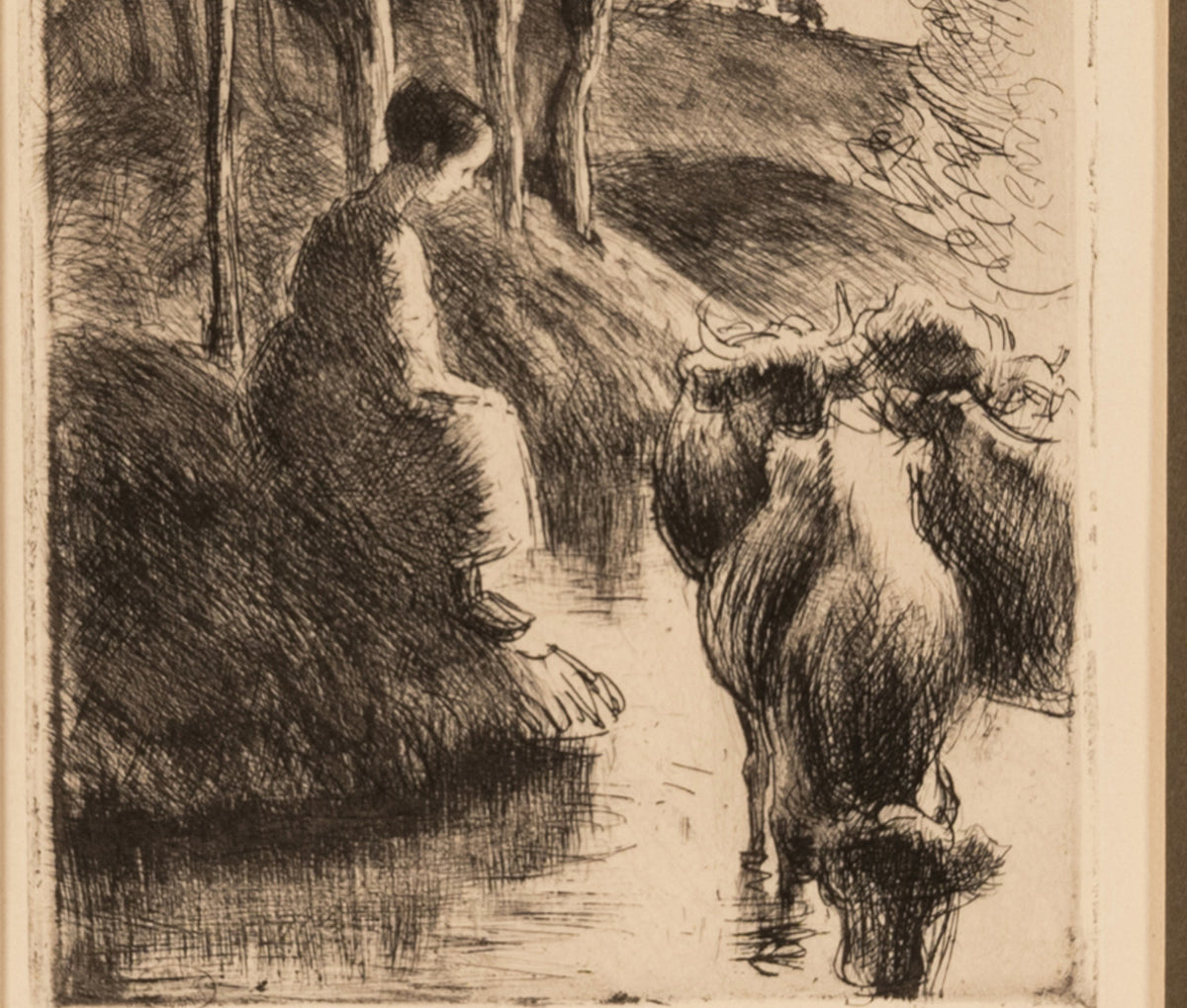 Antique Etching Aquatint "Vachère au Bord de L'Eau" Edition # 75 of Edition 100  by Camille Pissarro 1890