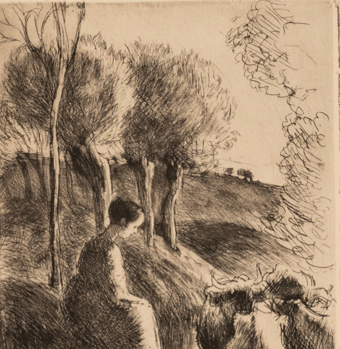 Antique Etching Aquatint "Vachère au Bord de L'Eau" Edition # 75 of Edition 100  by Camille Pissarro 1890