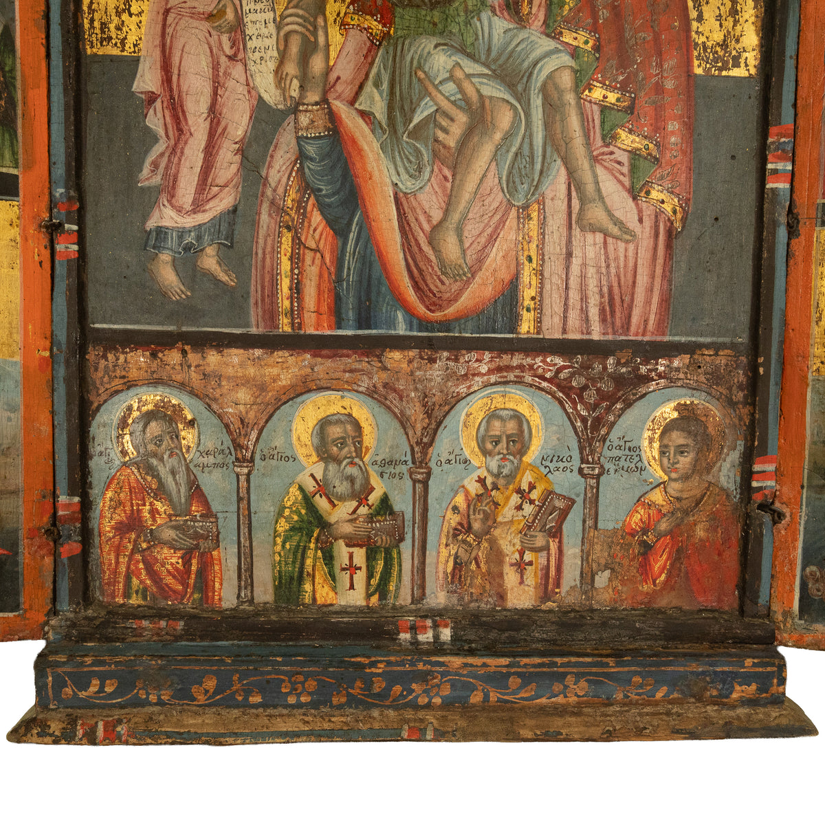 Antique 18thC Greek Orthodox Triptych Icon Virgin Mary & Saints Egg Tempera 1700