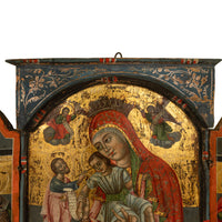 Antique 18thC Greek Orthodox Triptych Icon Virgin Mary & Saints Egg Tempera 1700