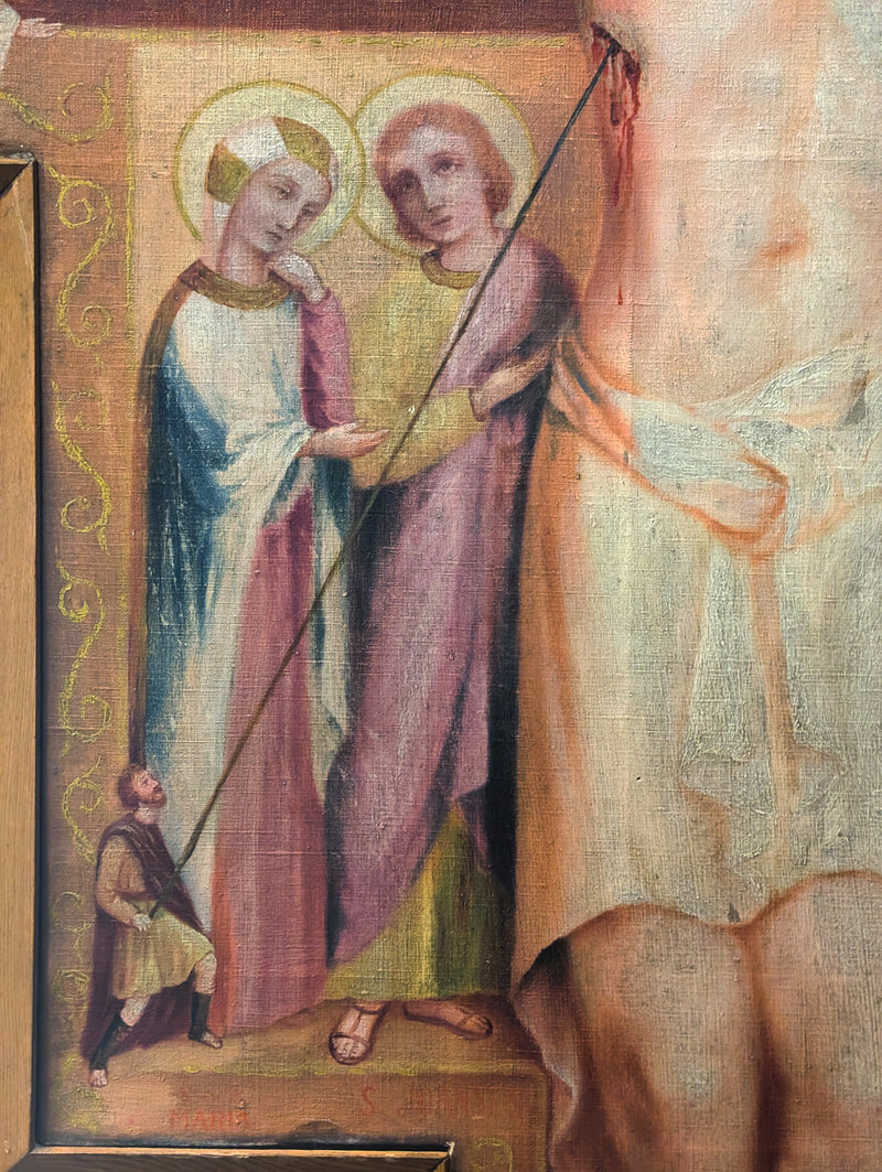 Antique Monumental French Oil Painting San Damiano Crucifix Christ St. Francis of Assisi, Circa 1820