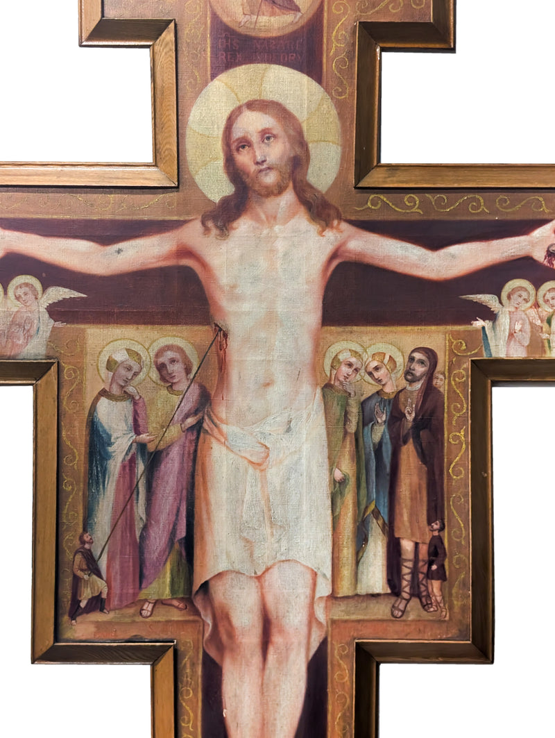 Antique Monumental French Oil Painting San Damiano Crucifix Christ St. Francis of Assisi, Circa 1820