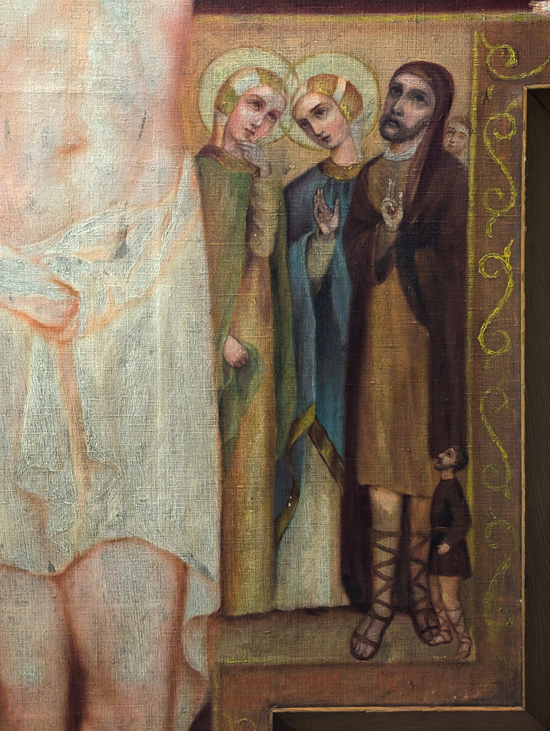 Antique Monumental French Oil Painting San Damiano Crucifix Christ St. Francis of Assisi, Circa 1820