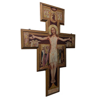 Antique Monumental French Oil Painting San Damiano Crucifix Christ St. Francis of Assisi, Circa 1820