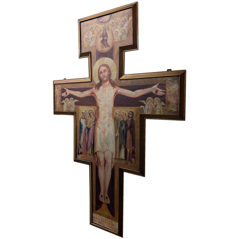 Antique Monumental French Oil Painting San Damiano Crucifix Christ St. Francis of Assisi, Circa 1820
