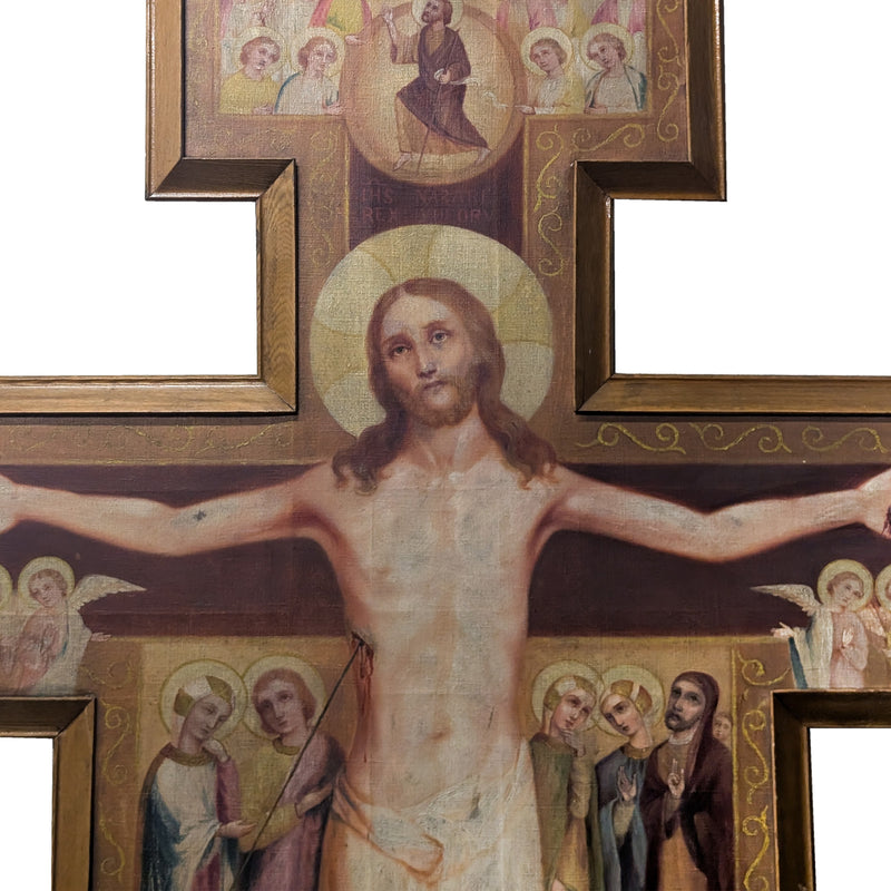 Antique Monumental French Oil Painting San Damiano Crucifix Christ St. Francis of Assisi, Circa 1820
