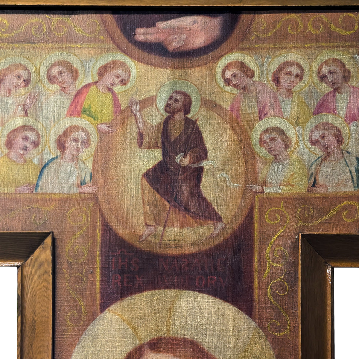 Antique Monumental French Oil Painting San Damiano Crucifix Christ St. Francis of Assisi, Circa 1820