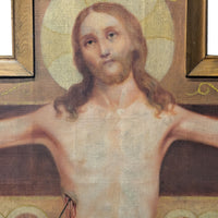 Antique Monumental French Oil Painting San Damiano Crucifix Christ St. Francis of Assisi, Circa 1820