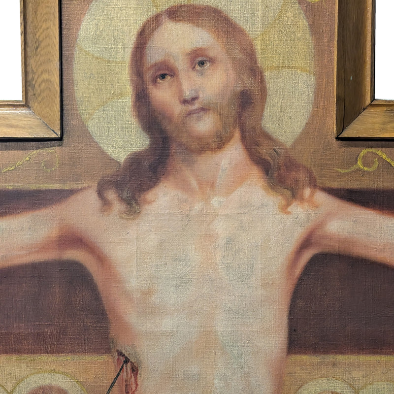 Antique Monumental French Oil Painting San Damiano Crucifix Christ St. Francis of Assisi, Circa 1820