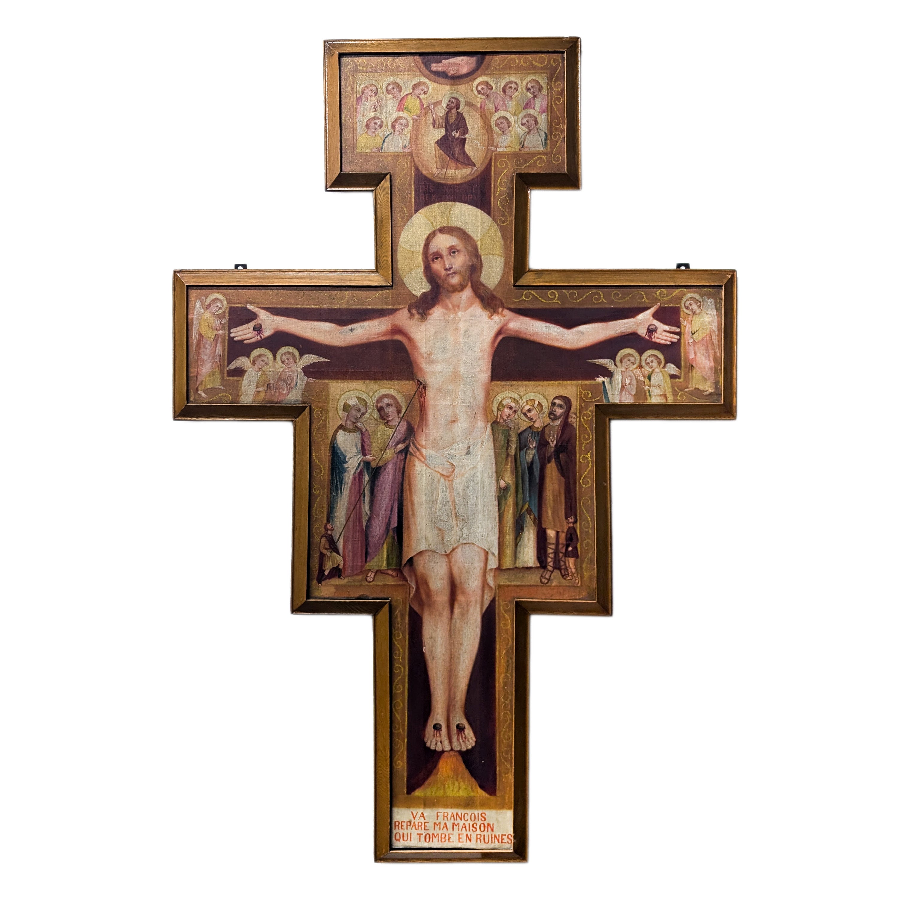 Antique Monumental French Oil Painting San Damiano Crucifix Christ