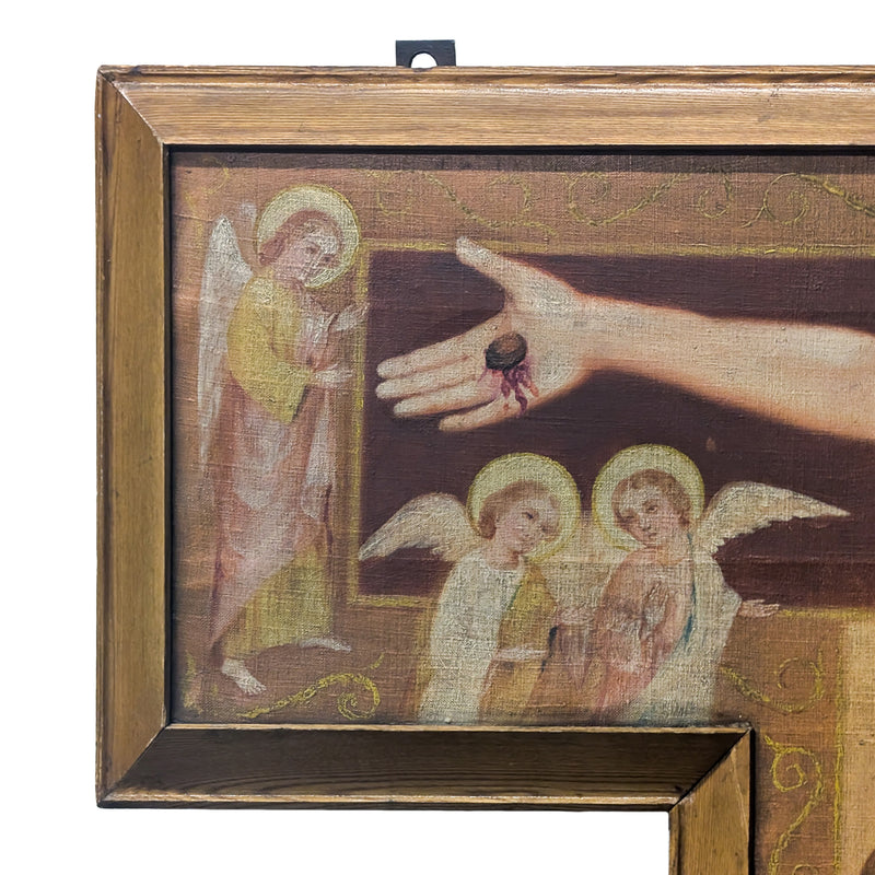 Antique Monumental French Oil Painting San Damiano Crucifix Christ St. Francis of Assisi, Circa 1820