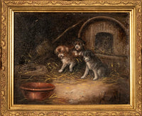 Antique Oil Painting Three Terrier Puppies Dogs In a Stable With a Caged Rat by George Armfield 1860