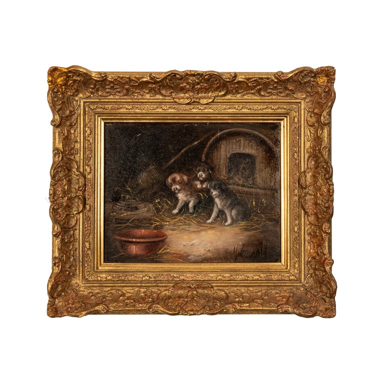 Antique Oil Painting Three Terrier Puppies Dogs In a Stable With a Caged Rat by George Armfield 1860