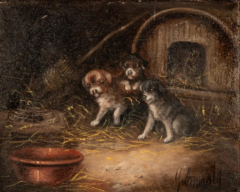 Antique Oil Painting Three Terrier Puppies Dogs In a Stable With a Caged Rat by George Armfield 1860