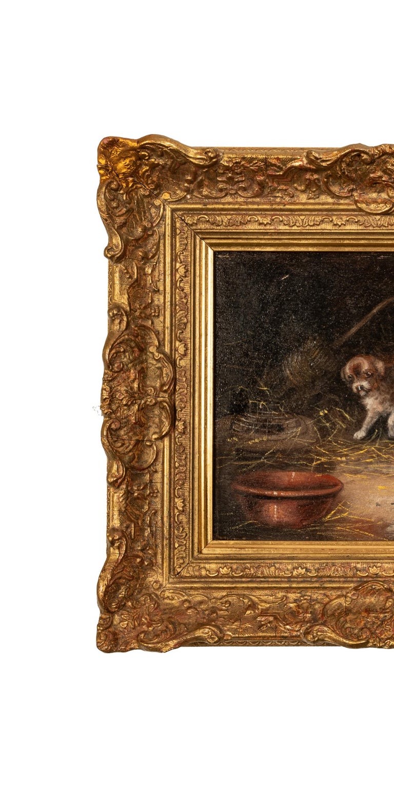 Antique Oil Painting Three Terrier Puppies Dogs In a Stable With a Caged Rat by George Armfield 1860