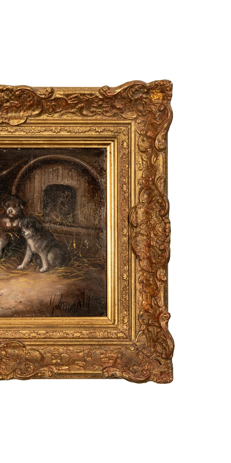 Antique Oil Painting Three Terrier Puppies Dogs In a Stable With a Caged Rat by George Armfield 1860